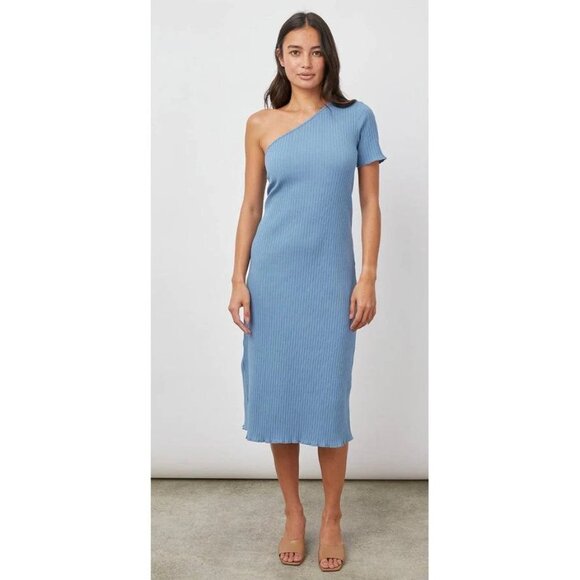 NEW Rails Rania Dress Blue One Shoulder Ribbed Comfortable Shift Midi Dress M - Picture 2 of 13